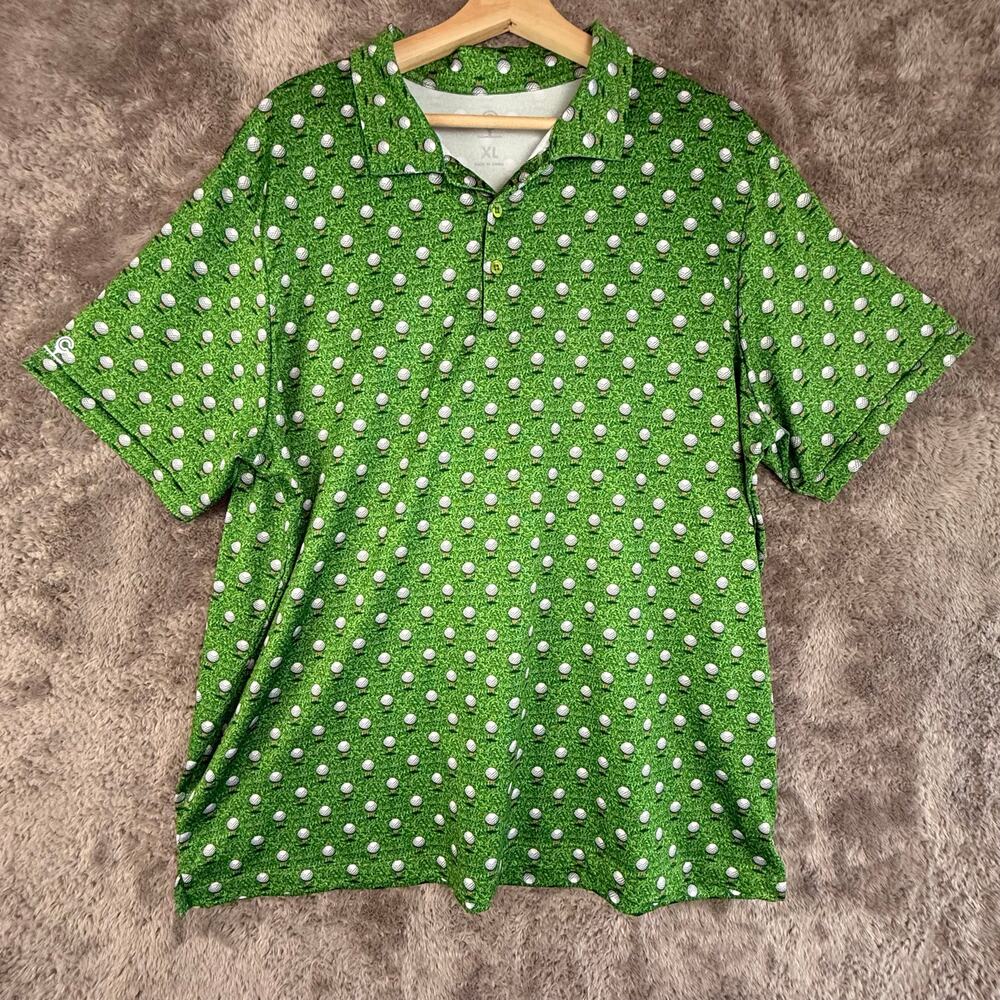 Caddy Cart Men XL Green Golf Ball Tee'd Up Performance Tech Polo Shirt
